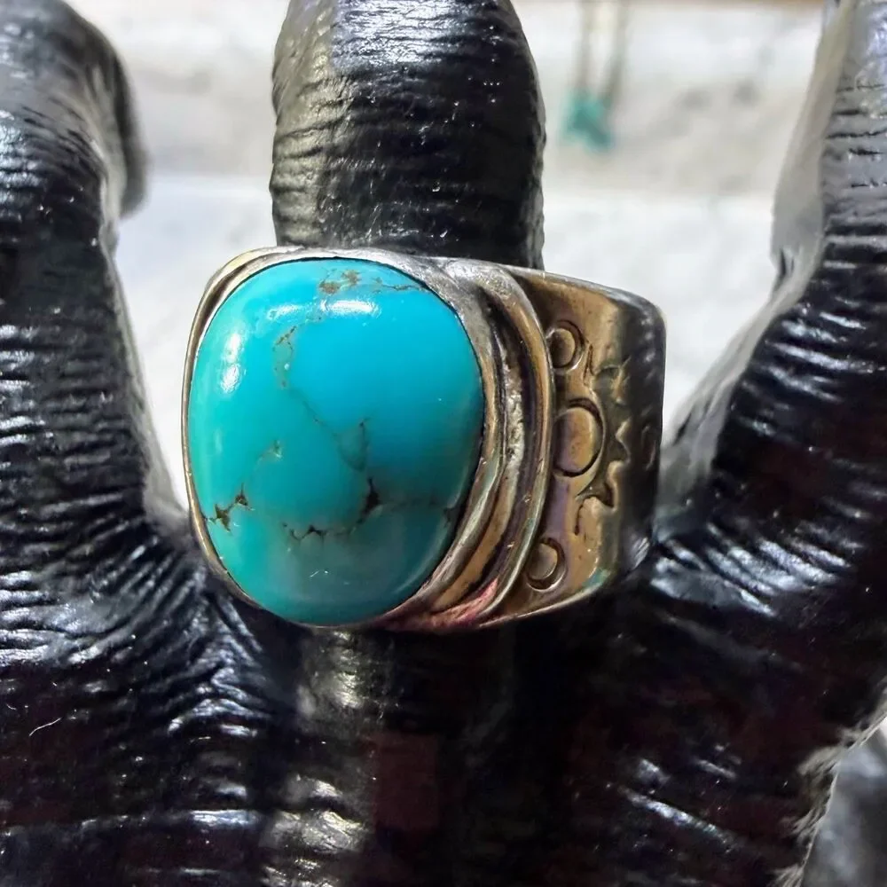 Vintage Navajo-Style Sterling Silver Turquoise Ring Men Size 10